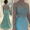 Apliques de strass e miçangas Vestidos para mãe da noiva Verde menta Vestido de noiva sereia brilhante Manga comprida Vestidos de festa formais232v