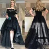 Elegante vestido de baile preto cheio de renda alto baixo mangas curtas vestidos de noite alta qualidade moda vestido de festa personalizado feito264m