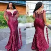 Verbazingwekkende Kralen Avondjurken Bourgondië Lovertjes Mermaid Prom Dresses Party Celebrity Dress Custom Made Sheer Neck vestidos de fest296o