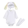 Macacão Bebê Menino 0-24M Recém-nascido Menina Macacão Algodão Manga Comprida Macacão Roupa Outono Body Canelado + Chapéu de Coelho + Meias 3PCS Outfit