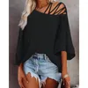 Kvinnors blusar Autumn Women Cold Shoulder Bell Sleeve Top Fashion Lady Overdimased Casual Three Quarters Lace-Up Blouse Street Wear Clothing