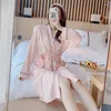H kvinnors sömnkläder 2023 Autumn Long Sleeve Cotton Kimono Robes For Women Korean Sexig Lace Bathrobe Nightdress Homewear Night Dress Nighty