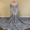 Modest Silver Gray Long Sleeve Prom Dresses Sexy Plunging V Neck Mermaid Flora Lace Evening Gowns African Girls Graduation Party W289T