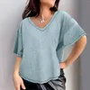 Kvinnors blusar kvinnor våffla blus v hals korta ärmar lös casual t -shirt överdimensionerad fast färg andas enkla toppar blusa mujer moda