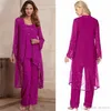 Moderne fuchsia en mousseline de soie mère de mariée pantalon costume pour mariage trois pièces tenue de soirée occasion spéciale mère robe avec veste225n