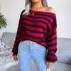 Women's Sweaters Autumn Sweater Slash Neck Off Shoulder Loose Striped Ladies Winter Knitted Pullover Tops For Women 2023
