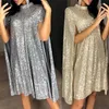 Party Dresses Plus Size XXL Sexig paljett Glitter Dress Mock Neck Cape Design Sequins Cloak ärmar