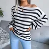 Women's Sweaters Autumn Sweater Slash Neck Off Shoulder Loose Striped Ladies Winter Knitted Pullover Tops For Women 2023