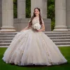 Champagne glänsande prinsessor bollklänning quinceanera klänningar från axelapplikationer kristall 3dflower vestido de 15 anos korsett klänningar