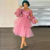 Nigeria Pink Tulle Ball Gown Short Prom Dresses Long Sleeves Knee Length African Formal Evening Gowns Women Plus Size Aso Ebi275D