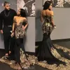 2022 Sexy Africain Noir Robes De Bal Avec Des Appliques D'or Paillettes Col En V À Manches Courtes Sirène Robe De Soirée Tribunal Train Robes De Soirée3025