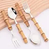 Zestawy naczyń stołowych 20pcs Bamboo uchwyt Zestaw sztućców 304 Cake ze stali nierdzewnej Forki Forks Care Spoon Spoon Strewa Western Home Raseware