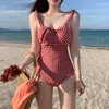 여자 수영복 섹시 밴드 원 조각 수영복 여자 스트랩 격자 무늬 푸쉬 업 모노 키니 패드 수영복 활 붉은 목욕