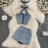 Dames trainingspakken denim tweedelige sets outfits zomer vintage hangende nek mouwloos sexy crop top half body korte rok set voor