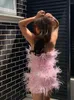 Robes décontractées été femmes Sexy sans bretelles plumes d'autruche paillettes rose robe moulante 2023 boîte de nuit Mini fête Vestido