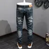 Мужские джинсы модельер Men Men Retro Blue Elastic Slim Ruped Blayers Итальянский стиль винтажные повседневные джинсовые штаны