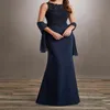 Dark Navy Mother of the Bride Dresses With Wrap Mermaid golvlängd Mors klänning Chiffon och Lace268C