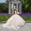 Champagne glänsande prinsessor bollklänning quinceanera klänningar från axelapplikationer kristall 3dflower vestido de 15 anos korsett klänningar