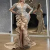 Plus Size Gold Pailletten Meerjungfrau Ballkleider Elegante lange Ärmel Abendkleider Schulterfrei Frauen Günstige High Split Formelles Kleid 20189G