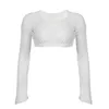 Kvinnors t-shirt Summer White Knit Crop Top Women's Mesh långärmad T-shirt Beach Fishnet Hollow Out Smock Crochet Sweater Y2K Toppar Kläder 230721