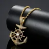 Hip Hop Rapper Men shiny diamond pendant gold necklace Iced out rhinestone boat anchor pendant micro-inset full zircon jewelry night club rope chain twist chain 1512