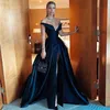 Navy Blue Off Shoulder Abend Celebrity Kleider 2021 Sexy High Slit Matte Stain Puffy Rock Roter Teppich Prom Formales Kleid Robes264p