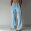 Pantaloni da uomo in cotone e lino, larghi, larghi, estivi, casual, con coulisse, lunghi, tascabili, larghi