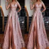 Sparkly Rose Gold South African Prom Bridesmaid klänningar med remmar en linje hög delad ruched kväll formell tävlingsklänning308v