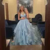 New Sparking Glitter Organza Ruffles Ball Gown Girls Sweet 16 Dresses V Neck Spaghetti Straps Light Blue Quinceanera Dress Baby Blue Formal Long Pageant Dresses 2023