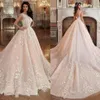 Gorgeous Blush Pink Bridal Gowns Wedding Dresses Ball Gown Sheer Neck 3D Flowers V Back Appliqued Lace Wedding Dress267N