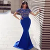 Neue Customize Blue Lace Sexy Abendkleider Kleid Kleid Schaufel Blumen Applikationen Meerjungfrau Puffy Party Kleid Robe de Soiree Formale Kleider2638