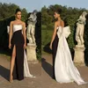Modest Black&White Evening Dresses Long Side Split Sexy Prom Gowns with Bow Strapless Maid of Honor Party Dress230L