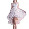 High Low Creme 3D-Blumen-Schmetterlings-Abschlussball-Kleider trägerloser Bogengürtel kurze vordere lange hintere Mädchen-Festzug-Kleid-Partei-Kleider292T