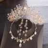 Guld brud kronor tiaras hår huvudstycke halsband örhängen tillbehör bröllop smycken uppsättningar billig modestil brud 3 bit231e