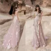 3D Flowers Boho Suknia ślubna 2020 Plaża Blush różowe suknie ślubne z krótkim rękawem aplikacje Backless de vestido de noiva251z