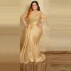 2022 Nieuwe Sexy Plus Size Avondjurken Elegant met Lange Mouwen Goud Kant Hoge Hals Schede Speciale Gelegenheid Jurk Moeder 2520