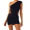 Casual Jurken Vrouwen Sexy Mini Jurk Een Schouder Backless Mouwloos Bodycon Hollow Out Knit Solid Onregelmatige Fitting Vestidos Clubwear