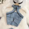 Women's Tracksuits Denim Two Piece Sets Womens Outfits Summer Vintage Hanging Neck Sleeveless Sexy Crop Top Half Body Short Skirt Set for