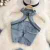 Dames trainingspakken denim tweedelige sets outfits zomer vintage hangende nek mouwloos sexy crop top half body korte rok set voor