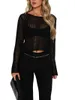 Women's Sweaters Women S Solid Color Long Sleeve Knit Crop Top Stylish O Neck Crochet Hollow Out Sheer T-shirt For Summer