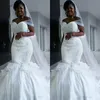 2020 Neue günstige südafrikanische Plus Size Meerjungfrau Brautkleider Schulterfrei Spitze Applikationen Perlen Arabisch Sweep Zug Formal Bridal234u