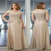 2023 Élégante Mère De Robes De Mariée Champagne Cap Manches En Mousseline De Soie Dentelle Appliques Cristal Longueur De Plancher Plus La Taille Mariages Personnalisés E280S