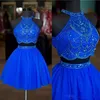 2019 Real POS Blue Dwa kawałki Homecoming Sukienki z kantarką z koralikami bez pleców tiulowe liniowe sukienki koktajlowe 257U