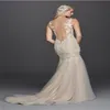 Perlé Venise Dentelle Applique Trompette Robe De Mariée Avec Couleur SWG723 Lumière Champagne Illusion Retour Robes De Mariée robe de novia255s