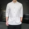 Camicie Casual da Uomo Primavera Estate Mezza Manica Uomo Retro Stand Colletto Doppia Tasca in Cotone Lino Camicia da Uomo Stile Cinese Abiti Tradizionali