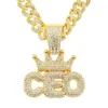 Hip Hop Rapper Mannen glanzende diamanten hanger gouden ketting Iced out crown CEO letters hanger micro-inzet volledige zirkoon sieraden nachtclub punk 50cm Miami Cubaanse ketting 1559