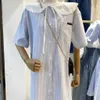 Summer ladies ruffled collar striped shirt casual loose dress, nylon fabric comfortable not shrink, doll collar age reduction casual fashion.