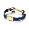 Bracelet Cool bleu peau de vache tissage hommes Bracelet en cuir couleur or acier inoxydable boucle de bande à la mode
