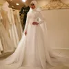 2021 Bescheiden Vestido De Noiva Elegante Lange Mouwen O Hals Moslim Trouwjurken Tule Rits Terug Kant Islamitische Bruiloft Bruidsjurk2696