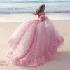 Romantic Pink Wedding Dresses Princess Ball Gowns 3D-Floral Appliques Big Puffy Modest Bridal Gowns Short Sleeve Arabic Dubai robe3368